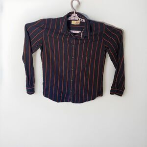 Dress Shirt Men Medium Blue Black Multicolor Stripes Crepe Long Sleeves Collared